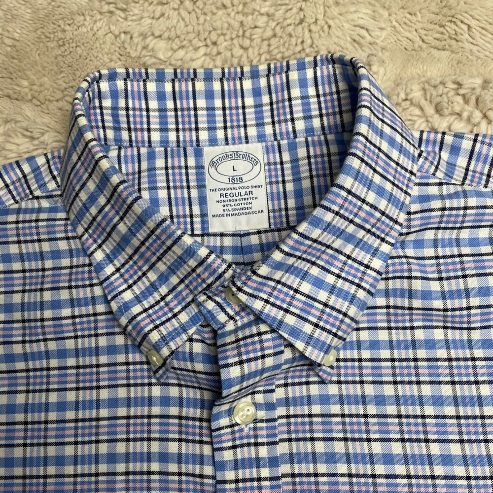 Brooks Brothers 1818 Mens Regular Fit Non-Iron Stretch Check Shirt Blue Pink L - Picture 2 of 10